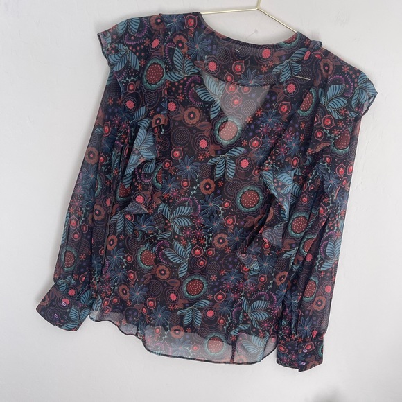 Robert Graham Floral Print Sheer Button Down Ruffle Long Sleeve Top Sz S NWT